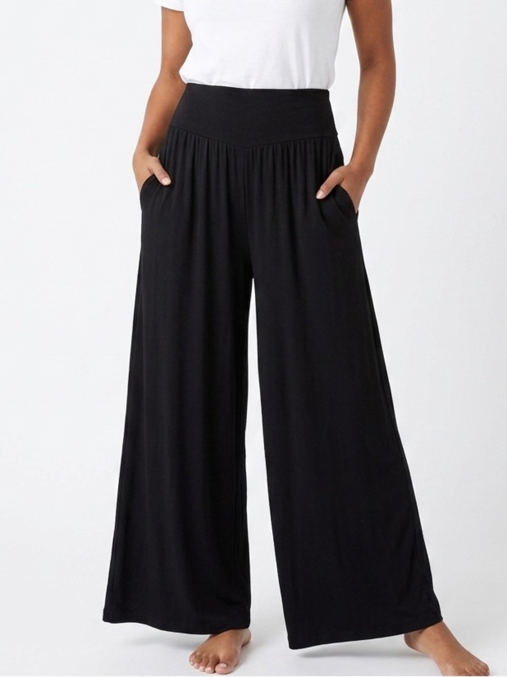 Black Wide Leg Palazzo Pants Pockets Jersey Knit Loose Fit Costa Rica Sz Medium